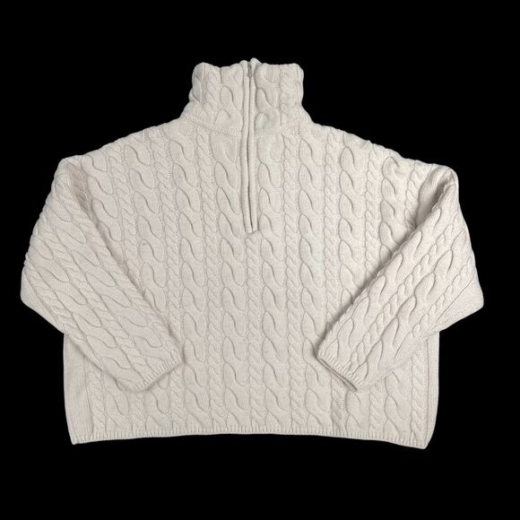 H&M Beige Cable Knit 1/4 Zip Cropped Sweater Sz XS Wool Oversized Ski Boho Snow - Picture 1 of 7